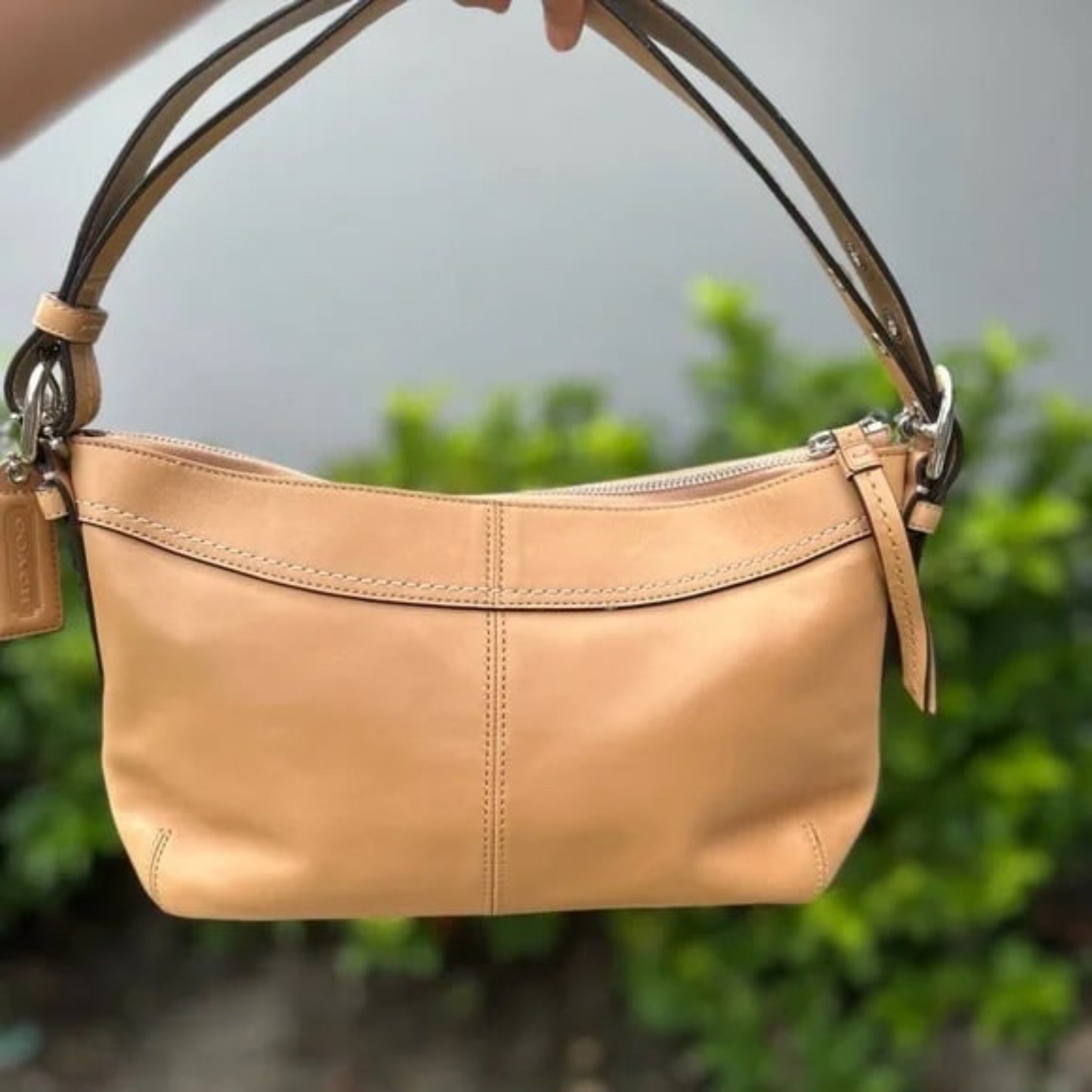 Coach Tan Leather Shoulder Bag with Pleated Design