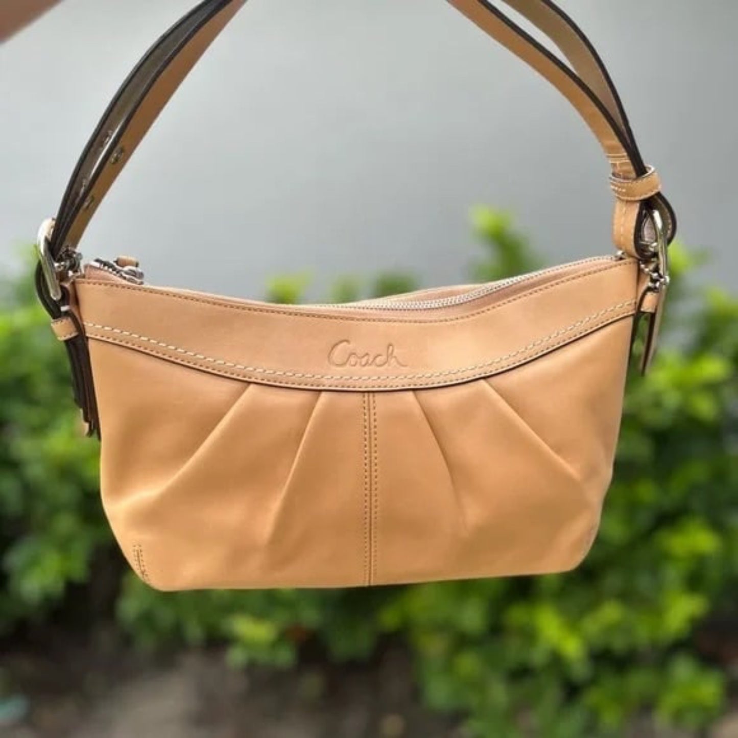 Coach Tan Leather Shoulder Bag with Pleated Design