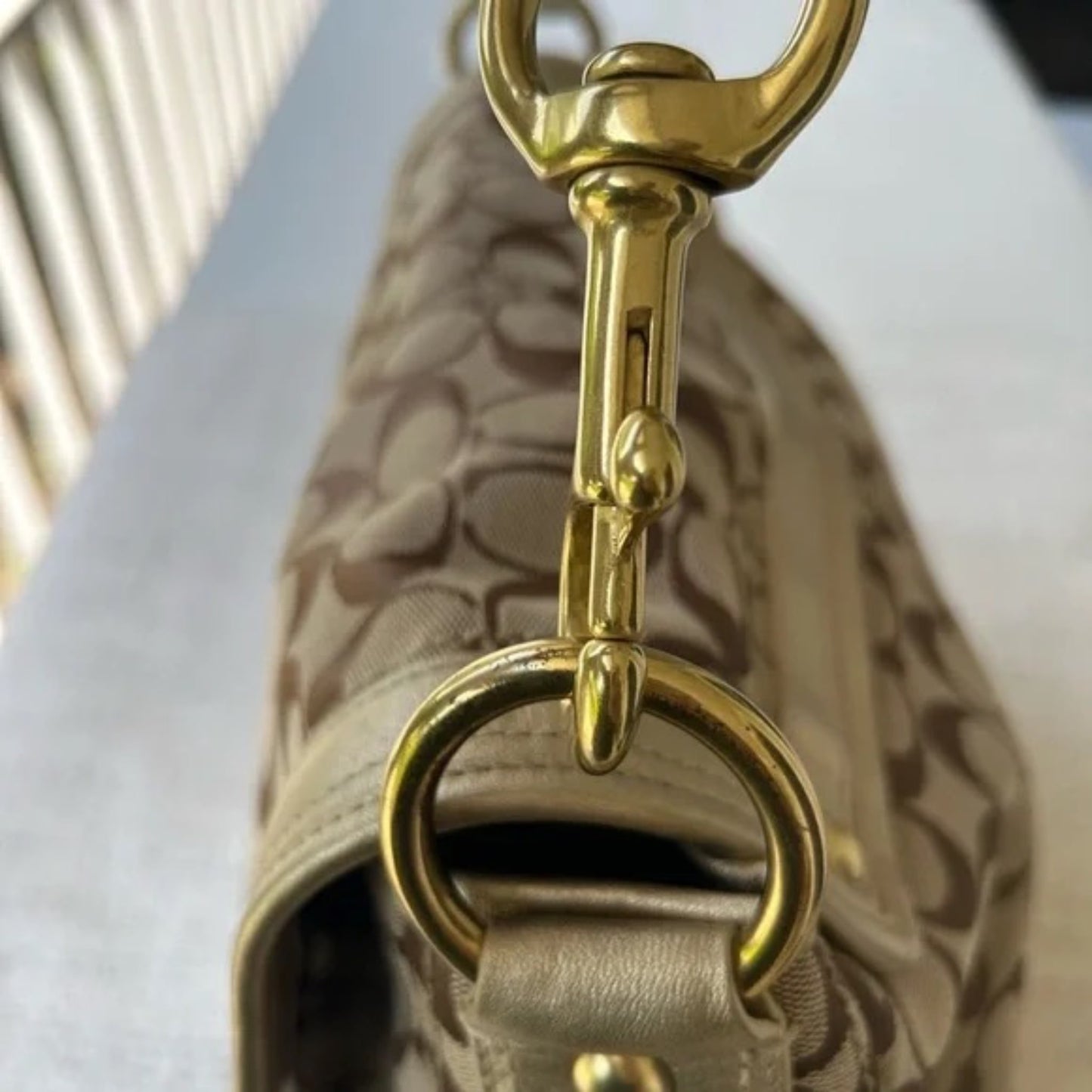 Coach Brown and Tan Monogram Shoulder Bag with Gold Hardware