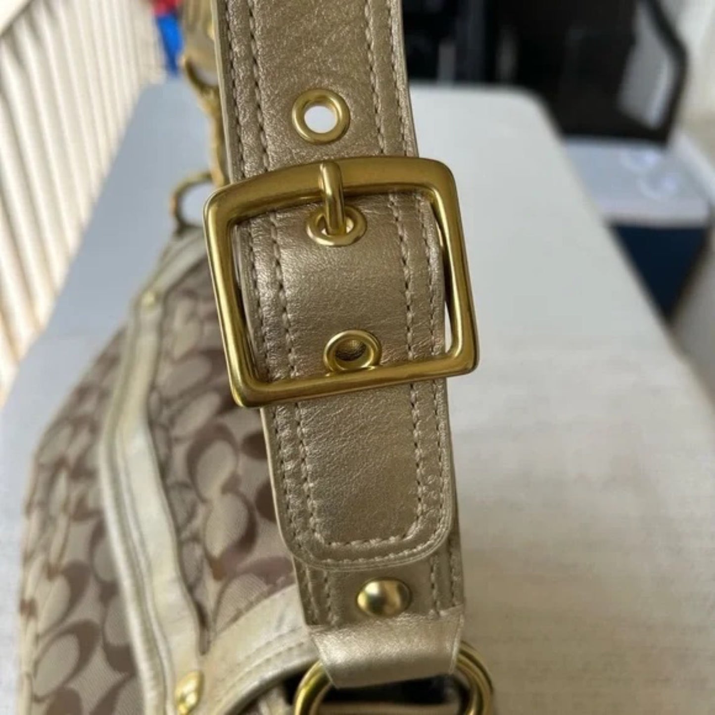 Coach Brown and Tan Monogram Shoulder Bag with Gold Hardware