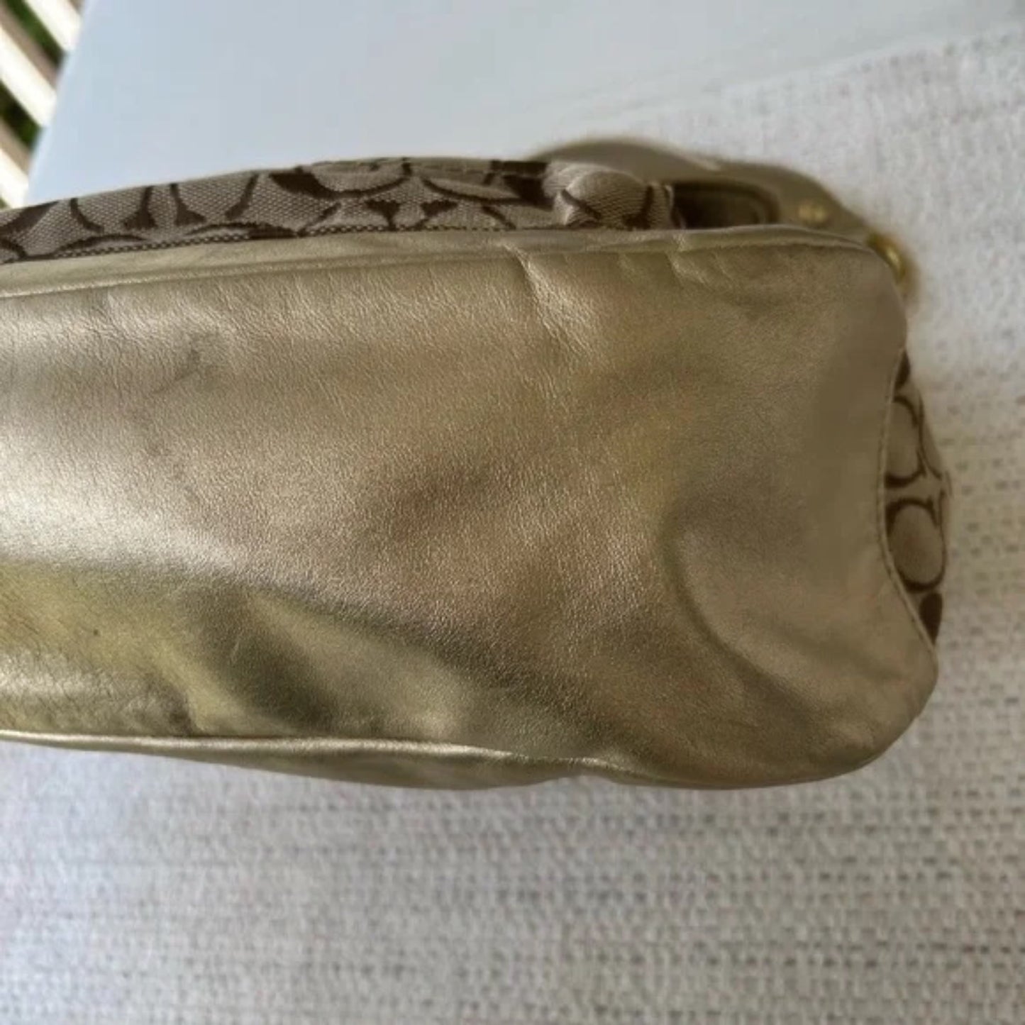 Coach Brown and Tan Monogram Shoulder Bag with Gold Hardware