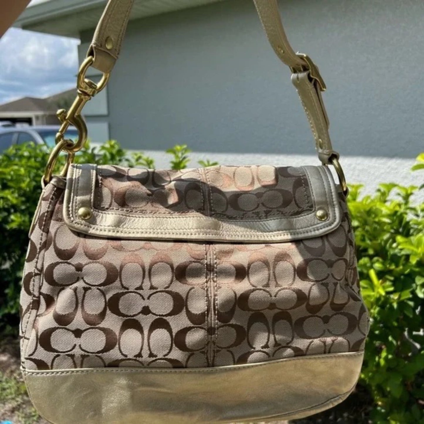 Coach Brown and Tan Monogram Shoulder Bag with Gold Hardware