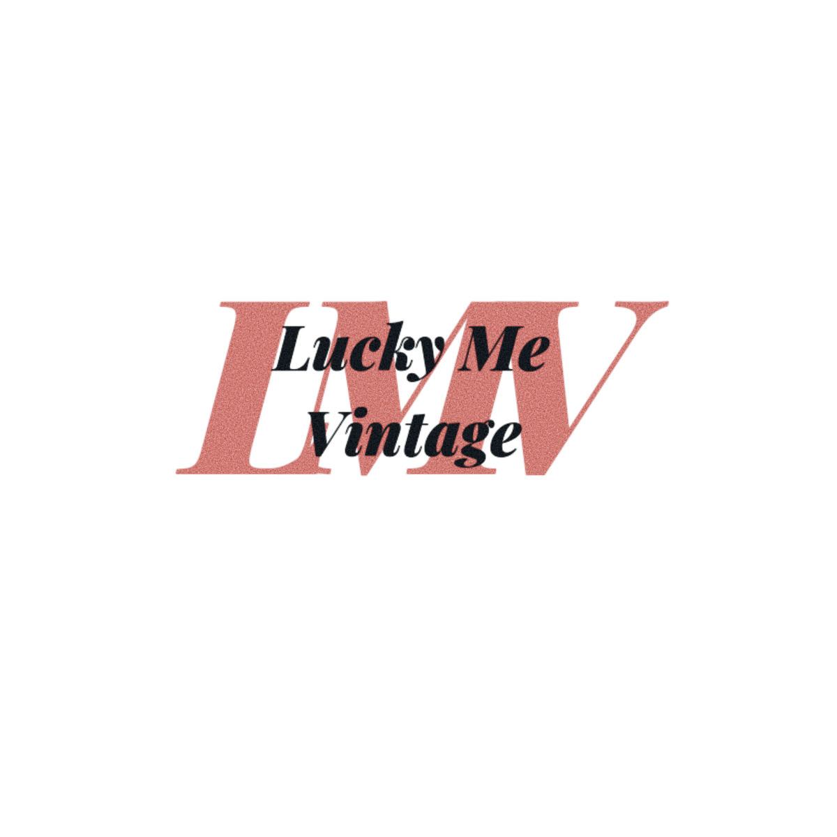 logo of lucky me vintage store with no background, light pink and black letters.