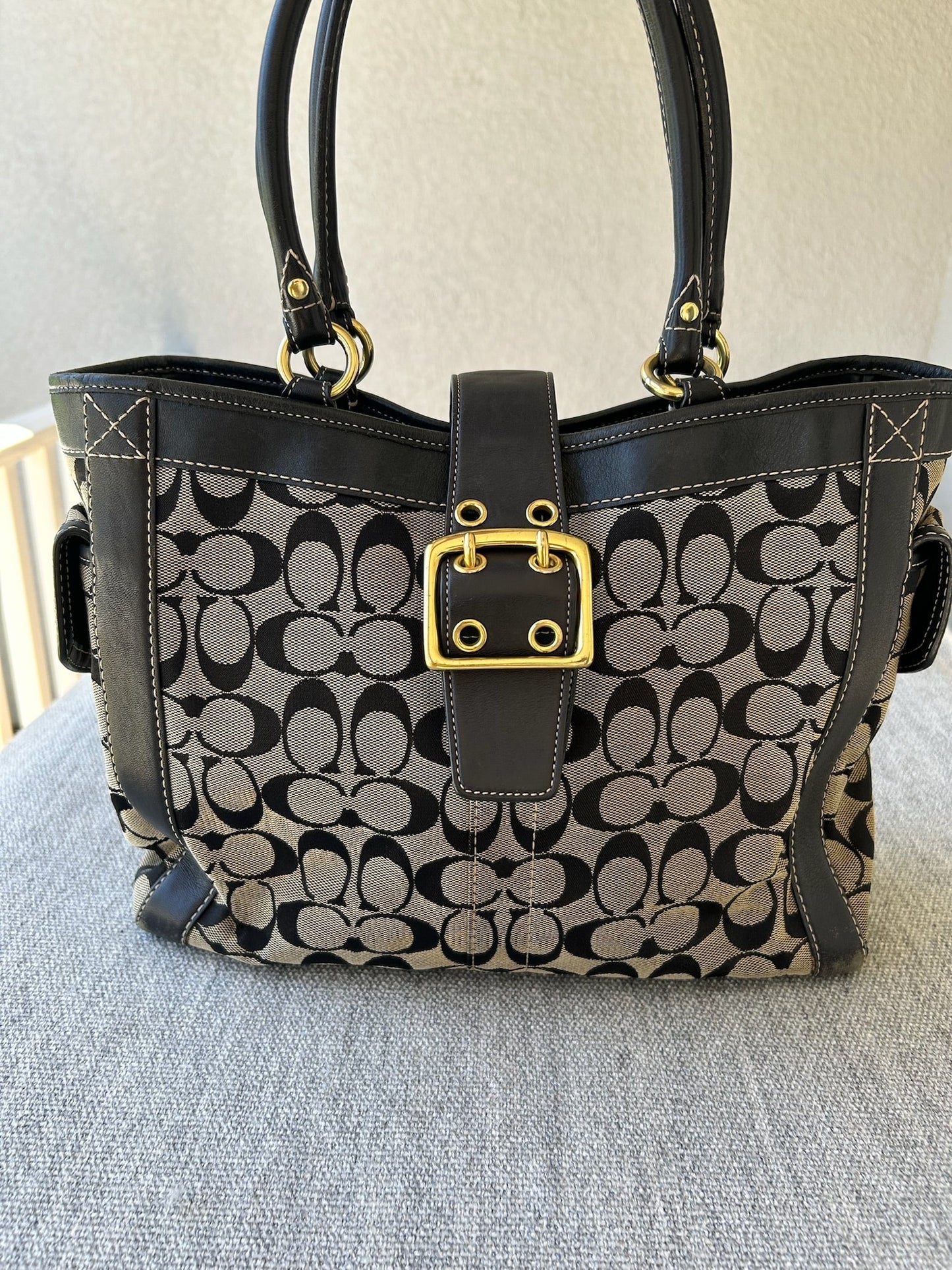 Coach Black and Tan Signature Tote Bag