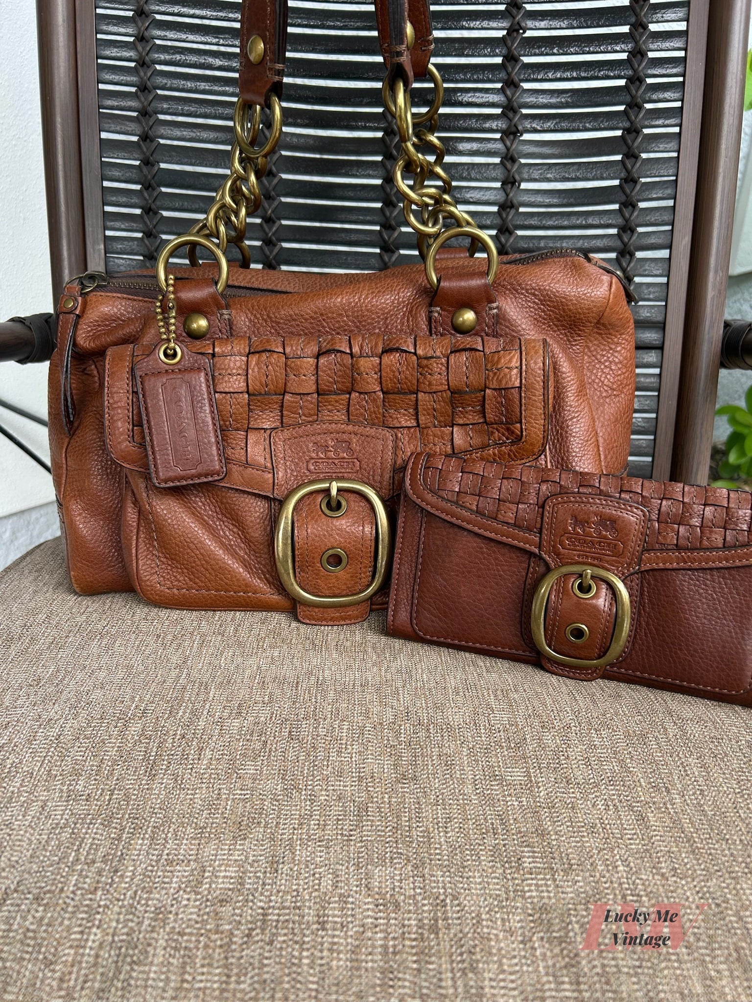 Vintage Coach brown Bleecker Woven Bag w/ brown/lilac Wallet