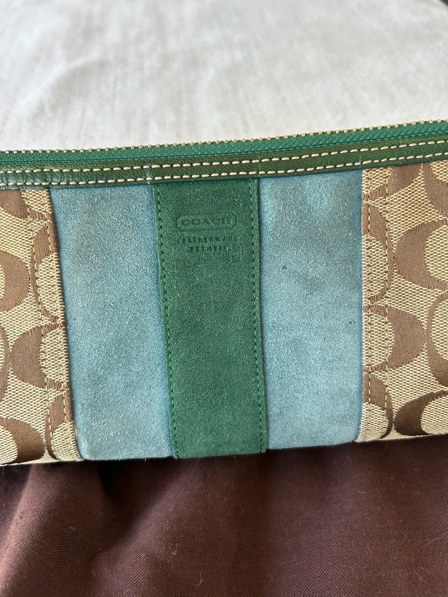 Coach 7039 Brown and Green Leather and Suede Signature Bag