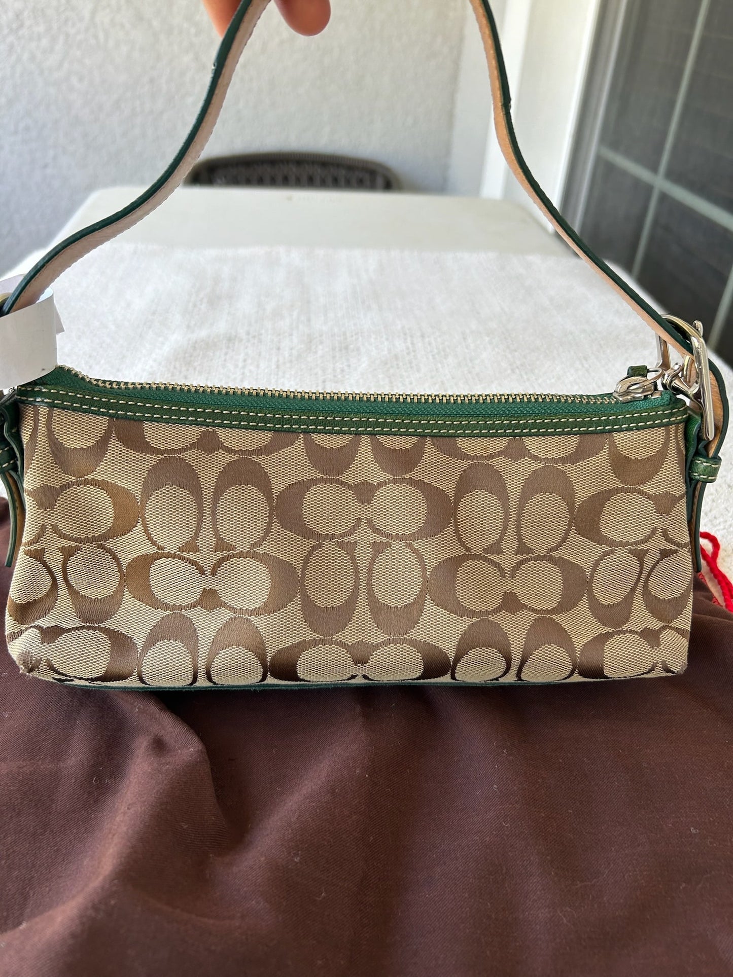 Coach 7039 Brown and Green Leather and Suede Signature Bag