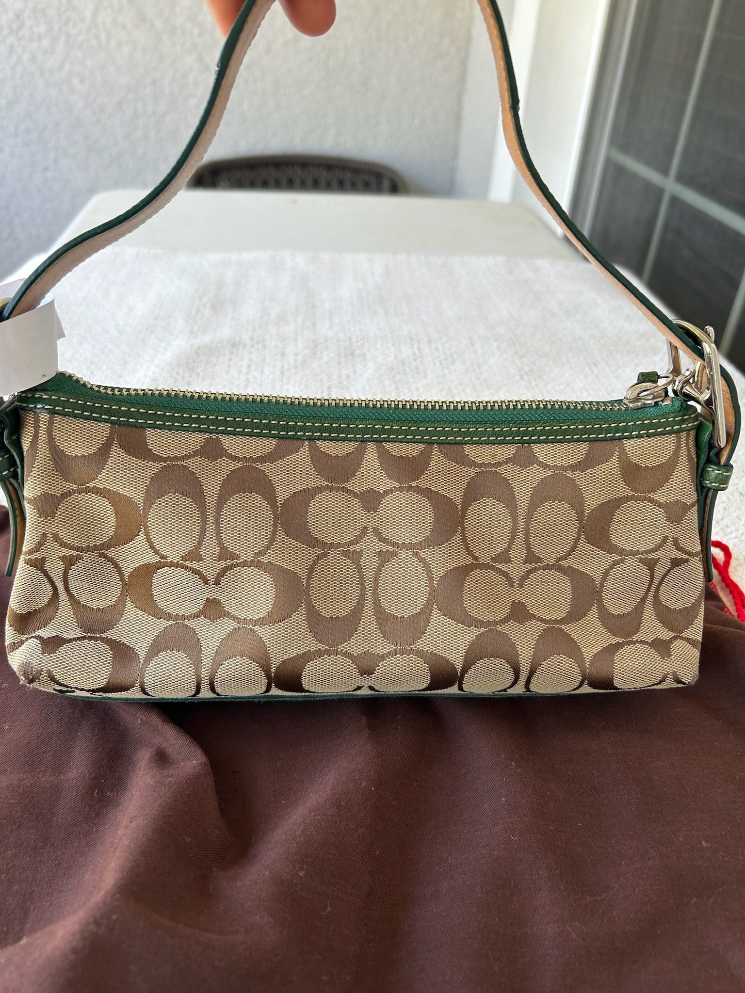 Coach 7039 Brown and Green Leather and Suede Signature Bag