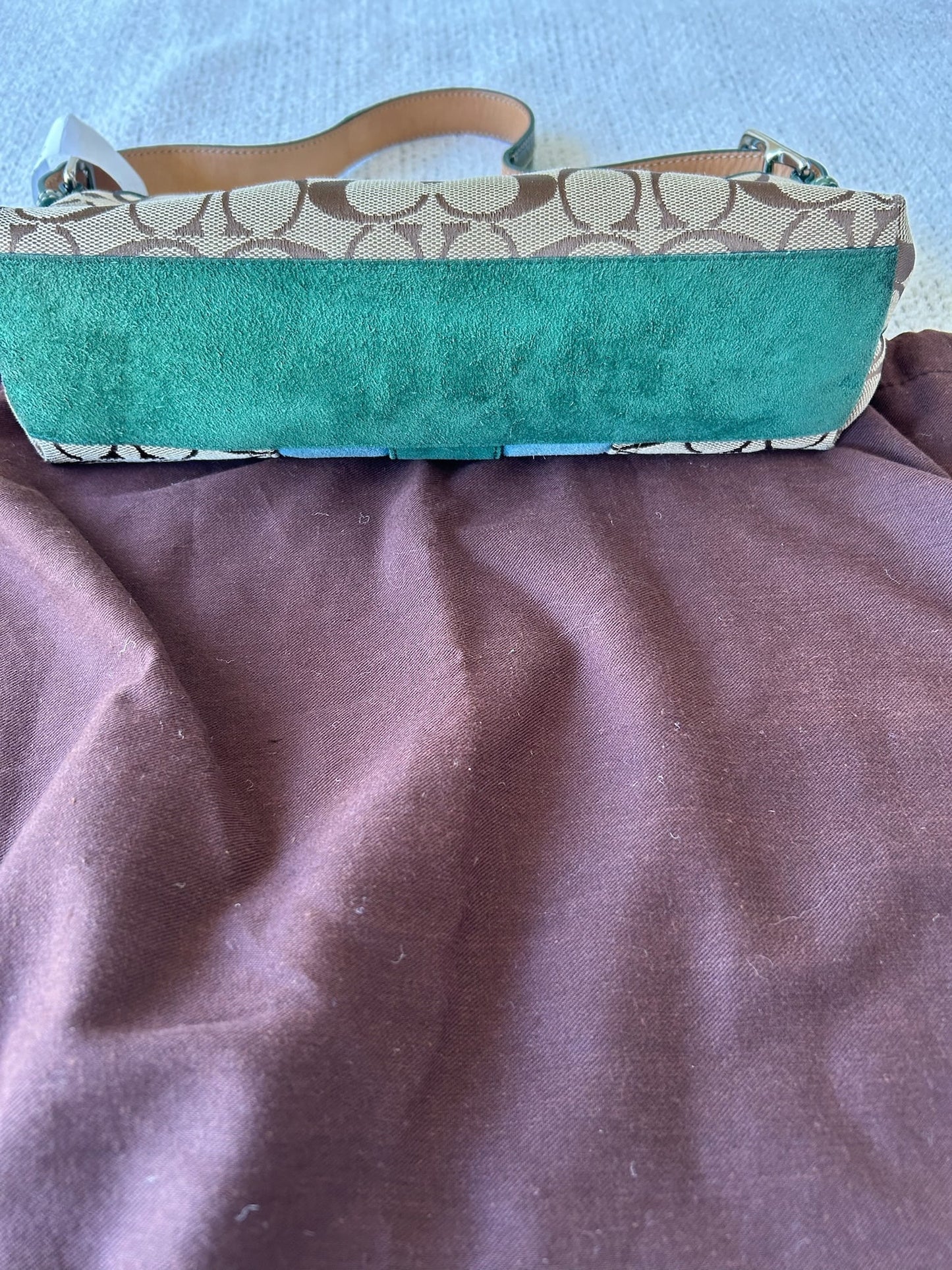 Coach 7039 Brown and Green Leather and Suede Signature Bag