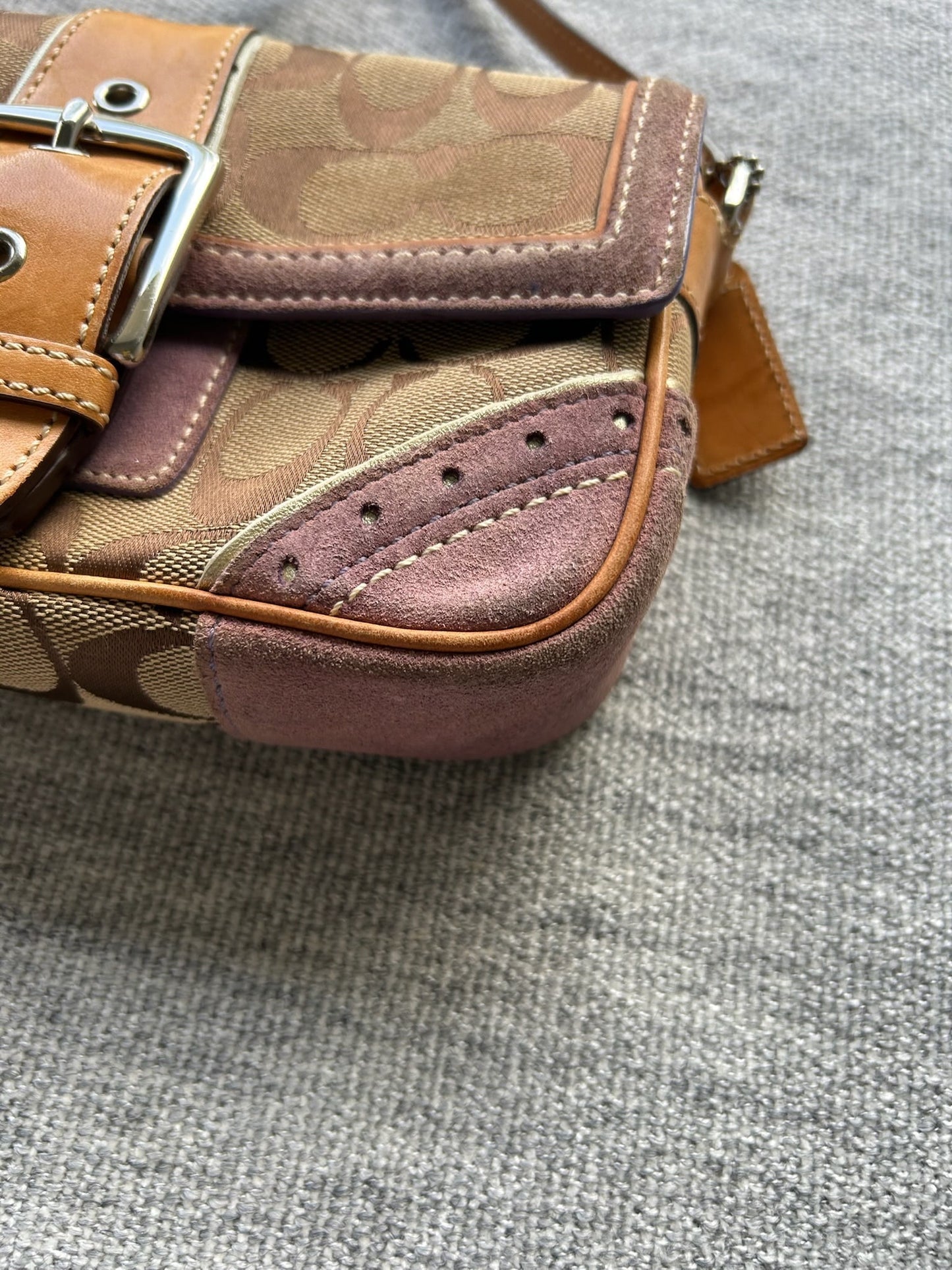 Coach Brown Tan and Purple Signature Crossbody Bag