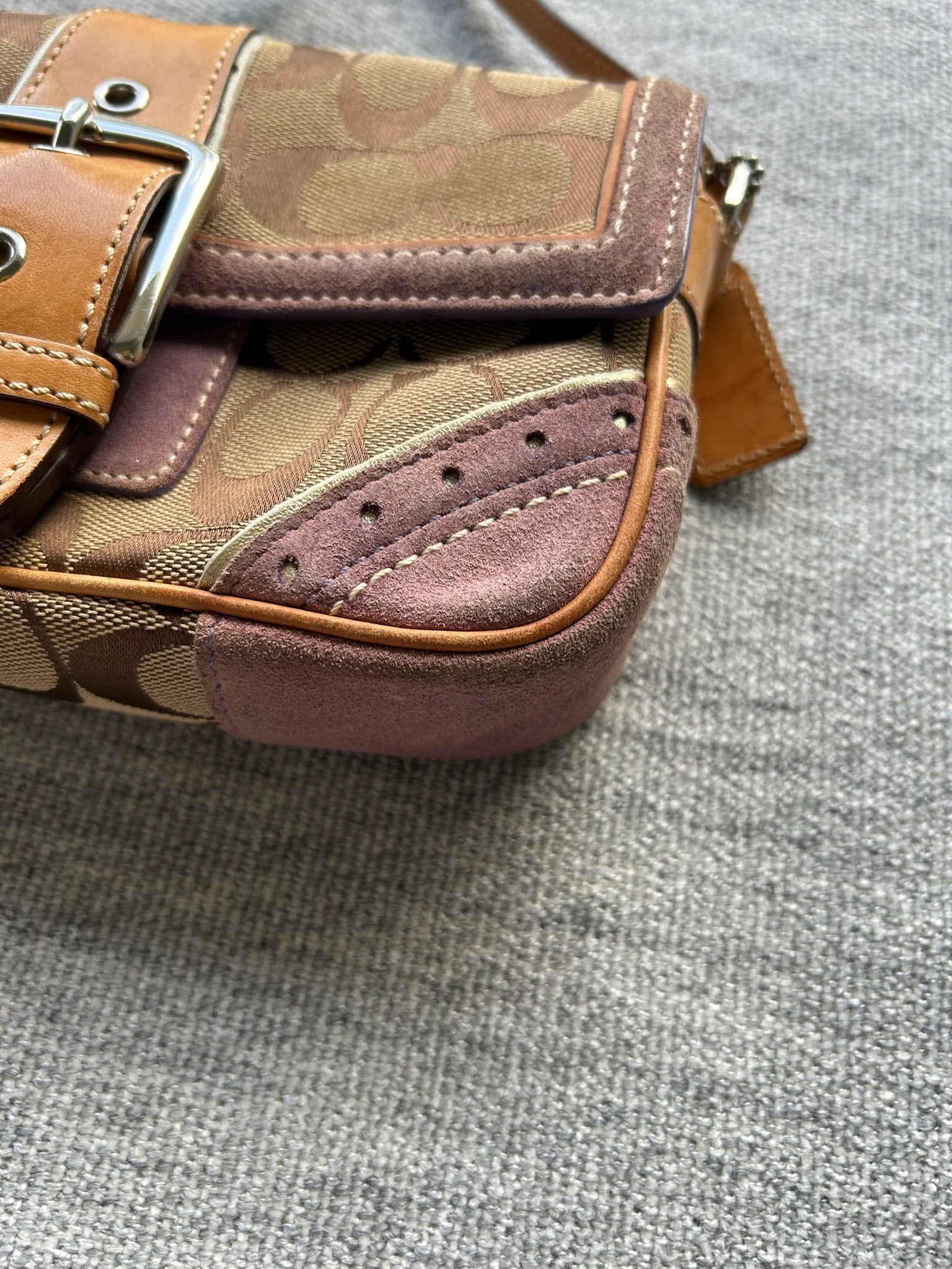 Coach Brown Tan and Purple Signature Crossbody Bag