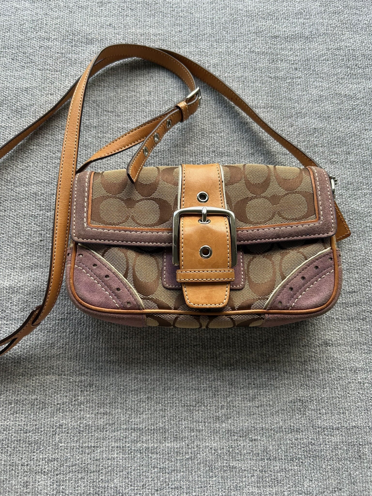Coach Brown Tan and Purple Signature Crossbody Bag