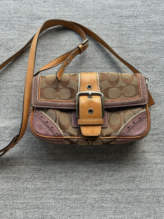 Coach Brown Tan and Purple Signature Crossbody Bag