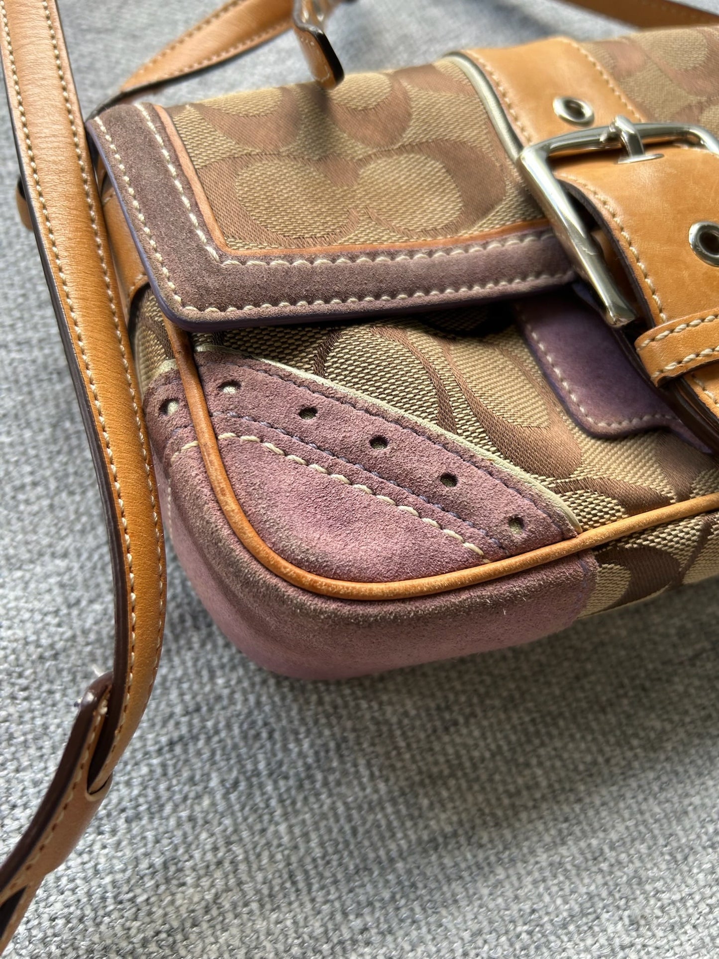 Coach Brown Tan and Purple Signature Crossbody Bag