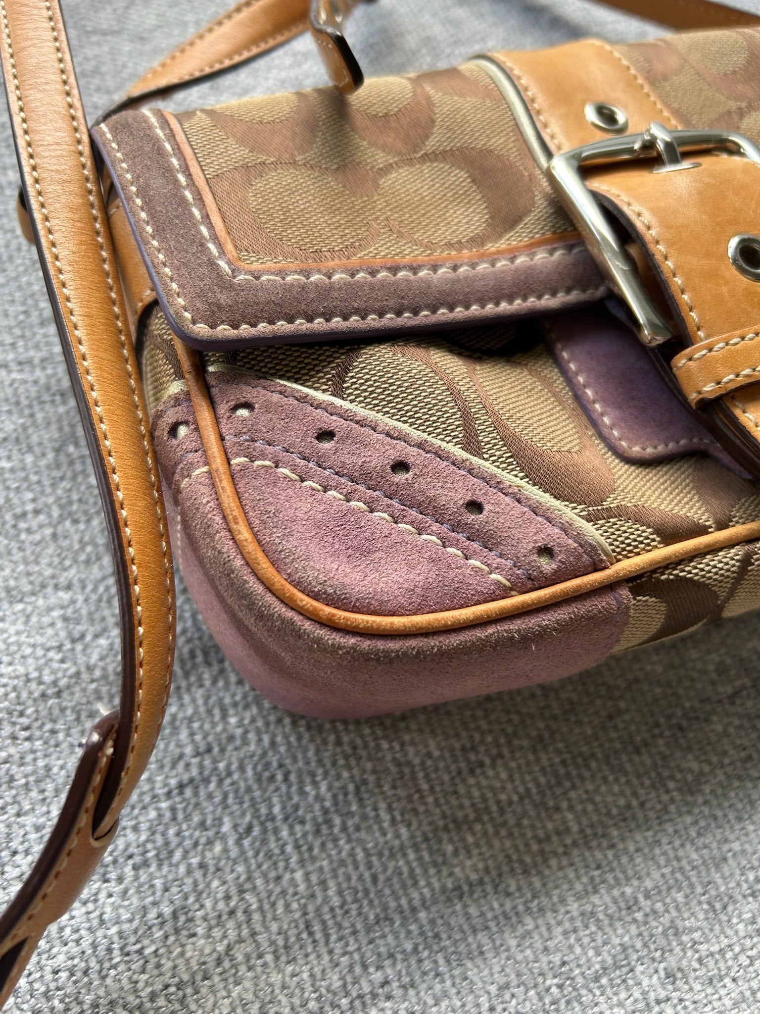 Coach Brown Tan and Purple Signature Crossbody Bag