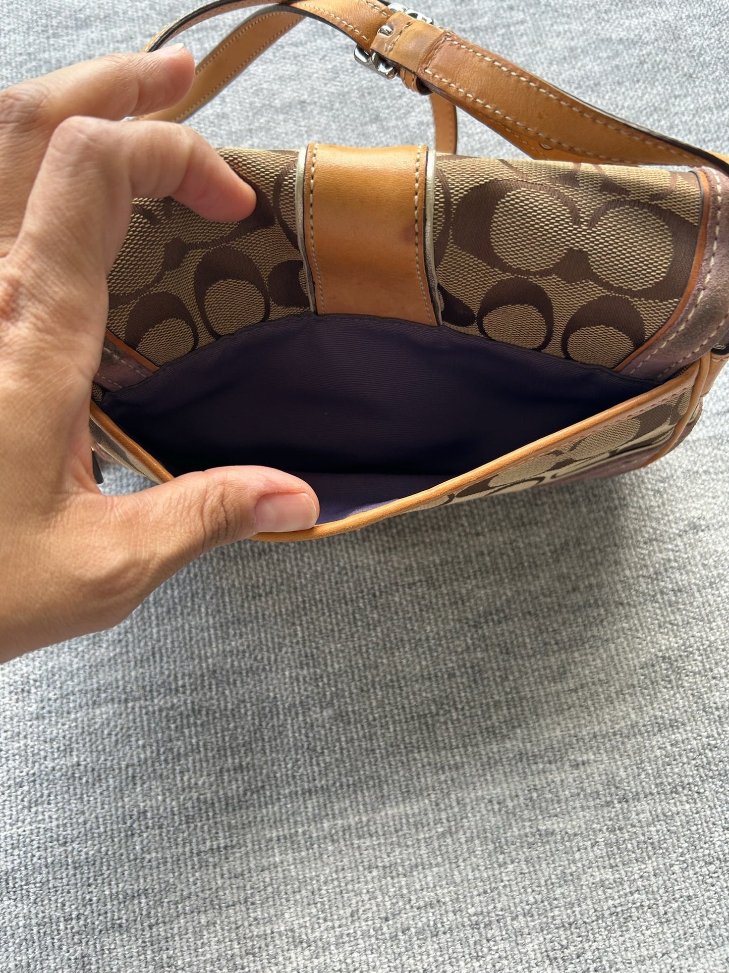 Coach Brown Tan and Purple Signature Crossbody Bag