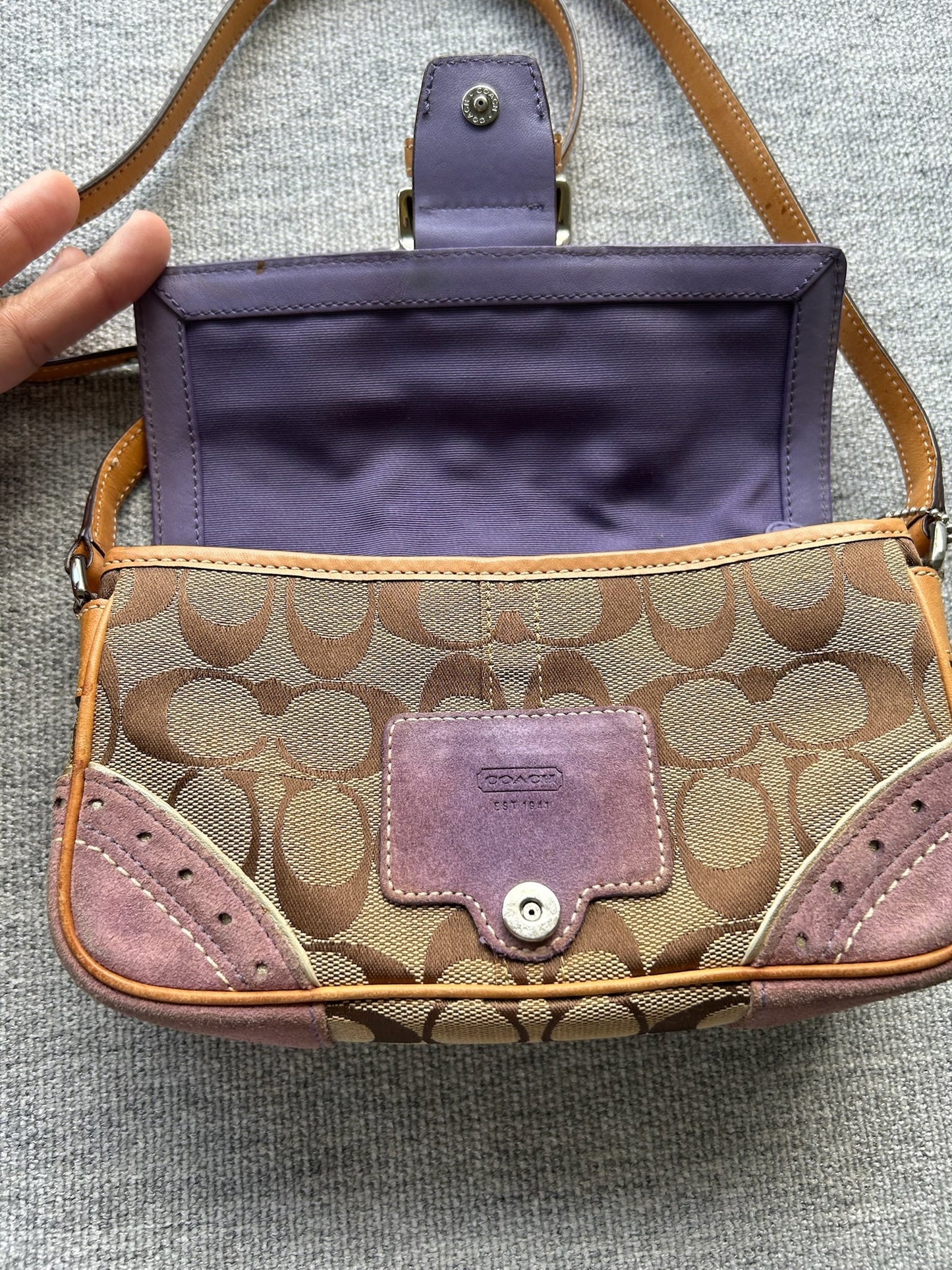 Coach Brown Tan and Purple Signature Crossbody Bag
