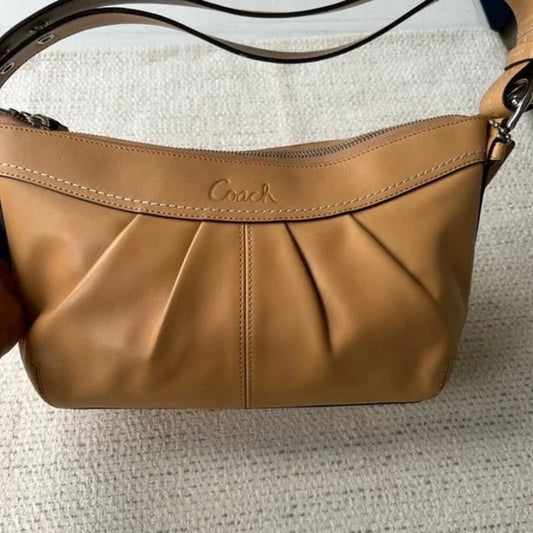 Coach Tan Leather Shoulder Bag with Pleated Design