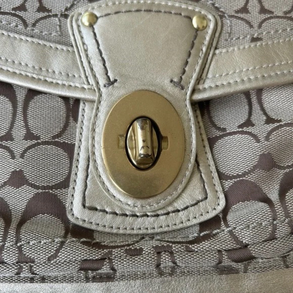 Coach Brown and Tan Monogram Shoulder Bag with Gold Hardware