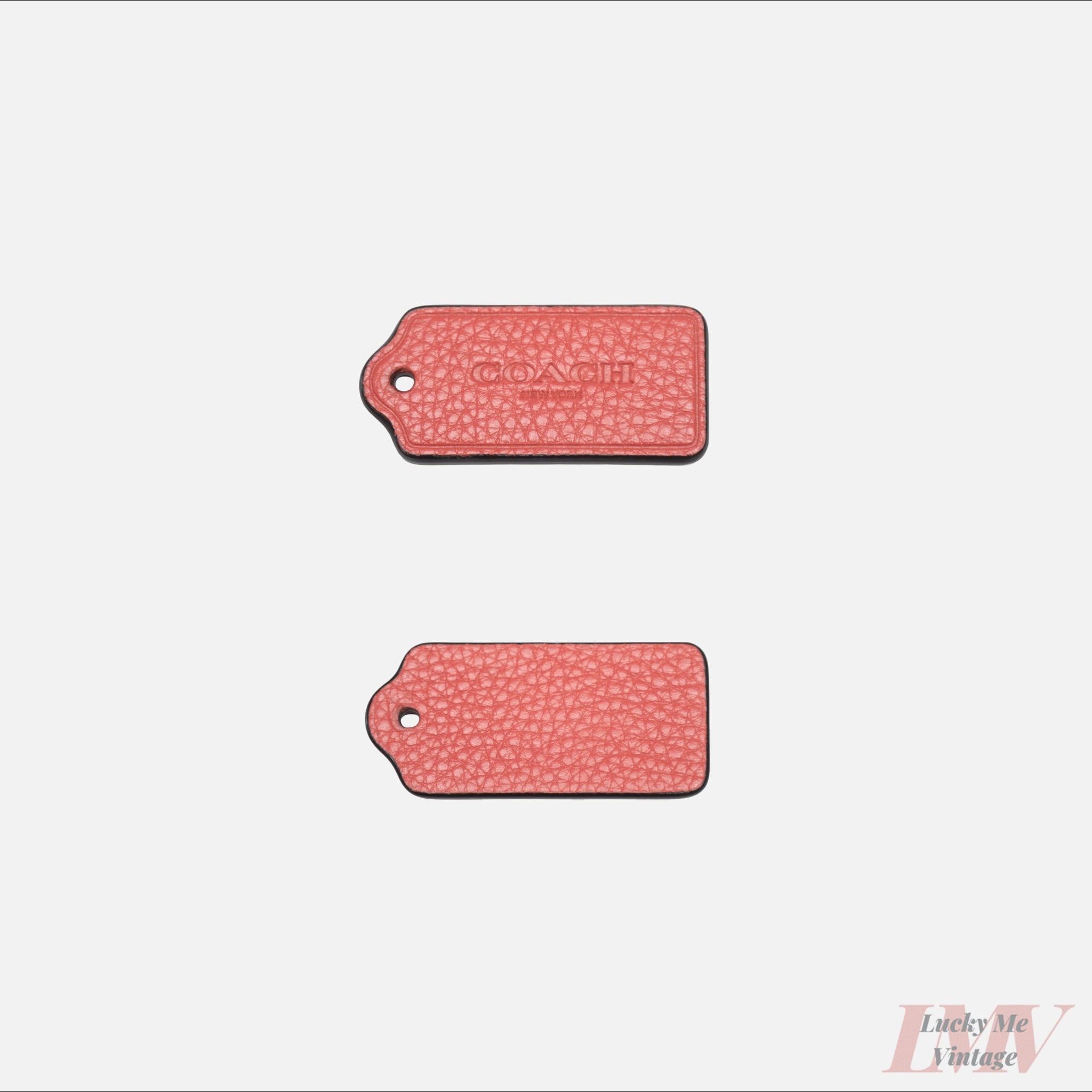 Two 2.5 inch bubble gum color leather tags showing front and back with 'Coach' branding on a white background. 