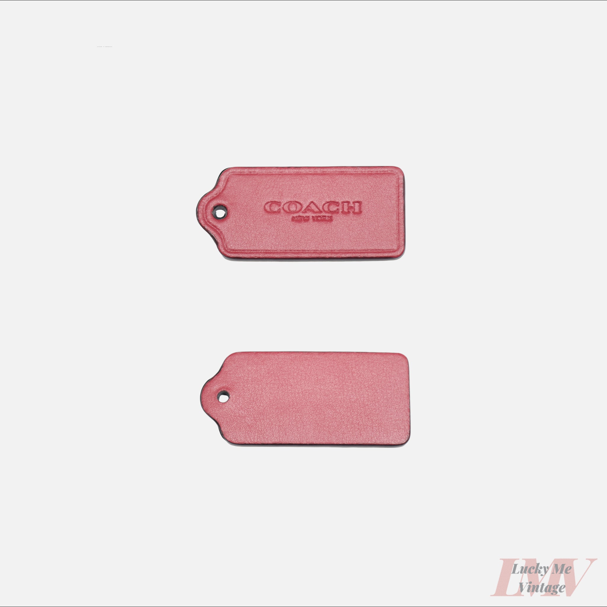2.5 inch red color leather tags showing front and back with 'Coach' branding on a white background. 