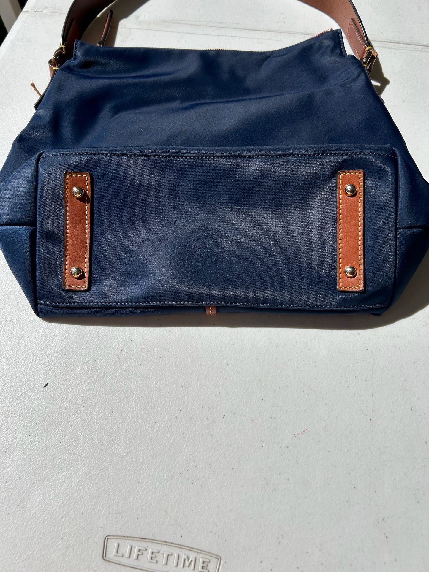 Navy Blue Leather-Trimmed Nylon Women's Bag