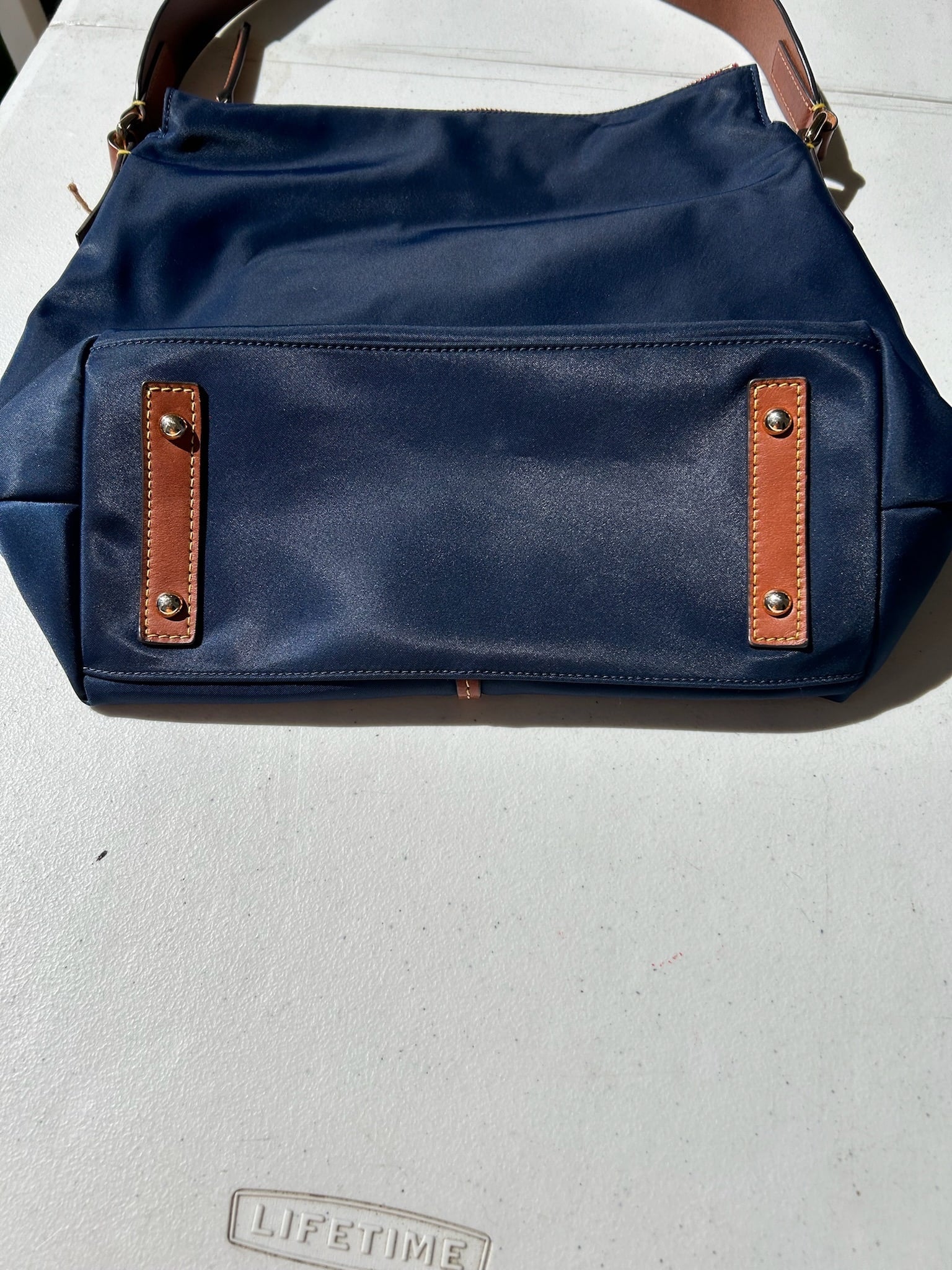 Navy Blue Leather-Trimmed Nylon Women's Bag