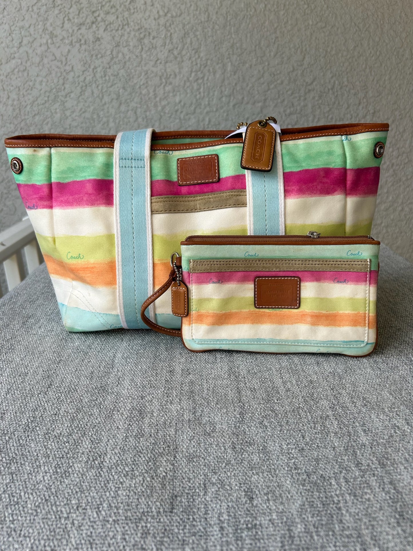 Coach watercolor tote bag with matching wristlet